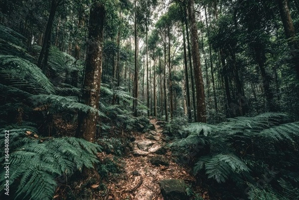 Obraz Lush forest path, ferns, and towering trees