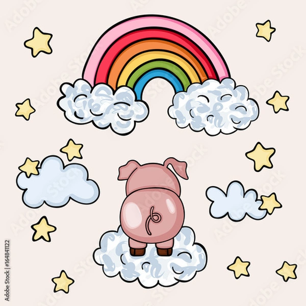 Fototapeta Pink pig on sky with rainbow and clouds
