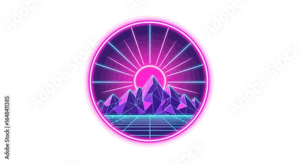 Fototapeta Synthwave Mountainscape Inside a Circular Frame with Gridded Floor