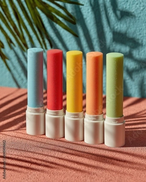 Fototapeta Five colorful lip balms in individual white containers, arranged in a row on a textured surface.  Palm leaf shadow falls on the pastel backdrop