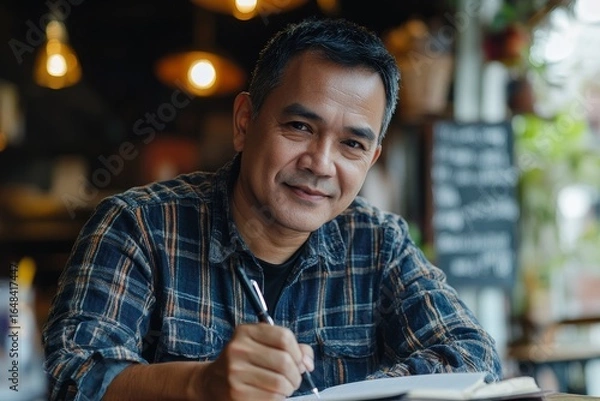 Fototapeta Middle Aged Man Journaling in a Cafe