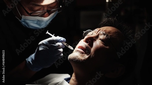 Fototapeta Middle Aged Man Receiving Facial Injection in Dimly Lit Room