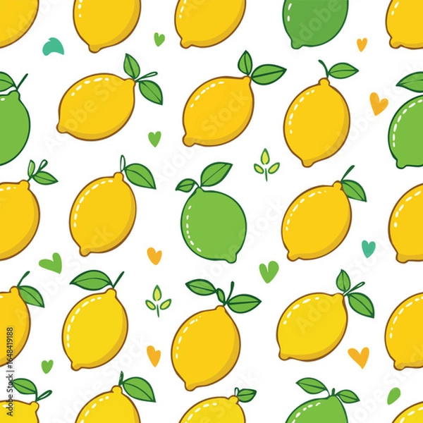 Fototapeta A vibrant and cheerful seamless pattern featuring lemons and limes with leaves on a white background.