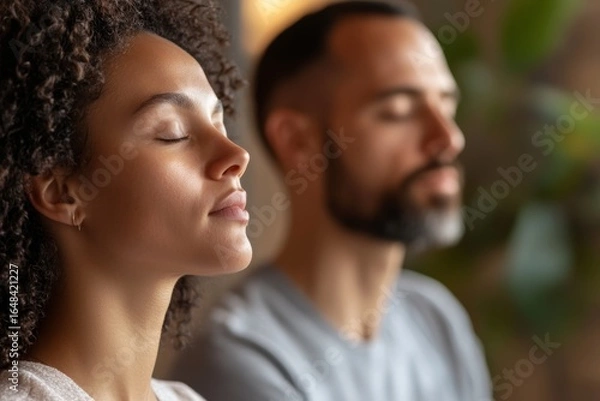 Fototapeta Mindful Breathing Exercise: Woman and Man Practicing Relaxation Techniques Indoors