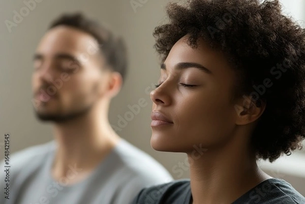 Fototapeta Mindful Breathing Exercise: Woman and Man Practicing Relaxation Techniques