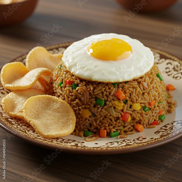 Fototapeta A plate of flavorful Nasi Goreng, a popular Indonesian fried rice dish, topped with a fried egg and served with prawn crackers.