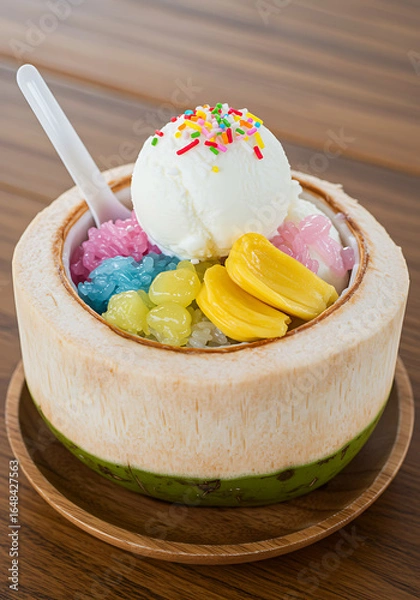Fototapeta Coconut ice cream dessert served in a fresh coconut shell with colorful toppings, jackfruit, and a plastic spoon, sitting on a wooden plate.