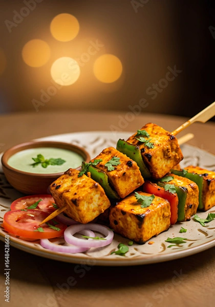 Fototapeta Delicious grilled paneer tikka skewers served with mint chutney and fresh vegetables.