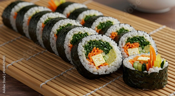 Fototapeta Freshly prepared vegetable sushi rolls arranged on a bamboo mat.