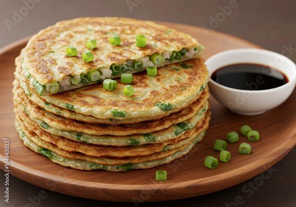 Fototapeta Stack of savory scallion pancakes with a dipping sauce, ready to eat.