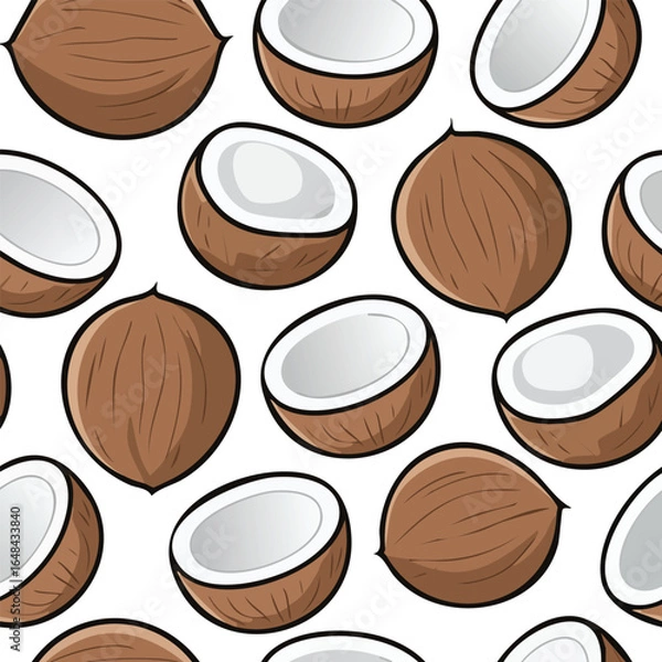 Fototapeta Seamless pattern of fresh coconuts, whole and halved, arranged on a white background.