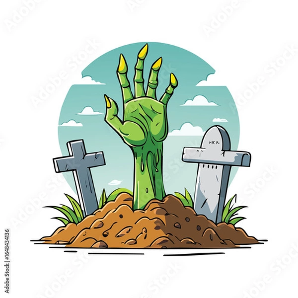 Fototapeta Cartoon illustration of a zombie hand emerging from a grave with tombstones and grass.