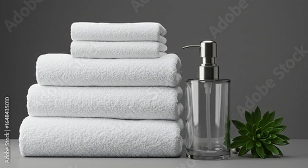 Fototapeta Stacked white towels, accompanied by a soap dispenser and plant, sit on a gray background.