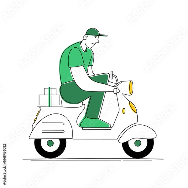 Obraz Line Art Style Young Man Delivering Package Using Scooter Illustration