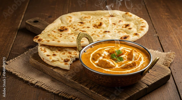 Fototapeta Steaming butter chicken curry served with naan bread on rustic wooden board.