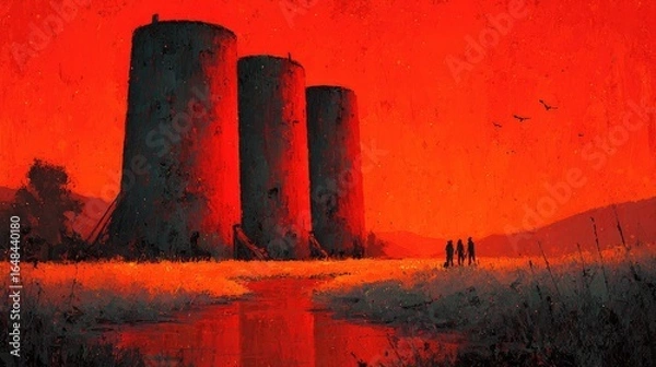 Fototapeta Three dark, rusty towers stand sentinel in a fiery sunset landscape