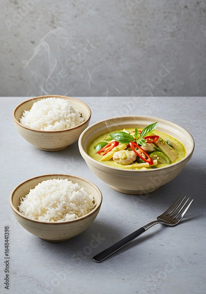 Fototapeta Aromatic Thai green curry served with steamed rice in rustic bowls.