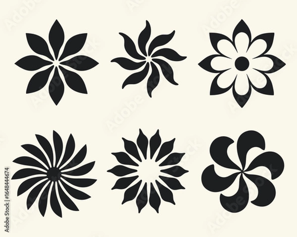 Fototapeta Botanical Bliss A Collection of Six Striking Black Floral Designs on a Creamy Off White Canvas Displaying Simplicity and Elegance
