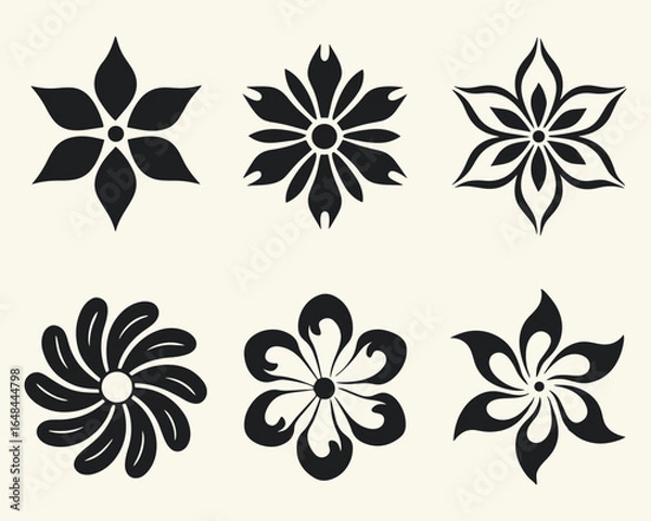 Fototapeta Floral Silhouette Set Featuring Six Unique Flower Designs in a Simple Black and White Color Palette