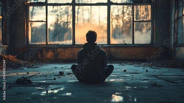 Fototapeta Man meditating alone in abandoned building for mental health and wellness mindfulness and inner peace concept