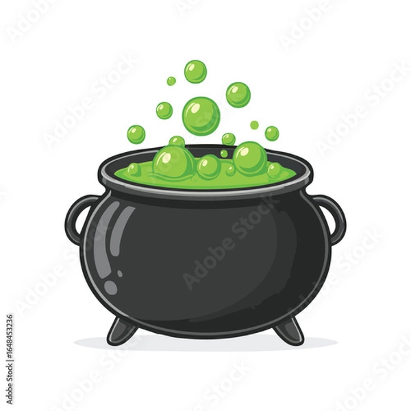 Fototapeta Cartoon illustration of a black cauldron filled with bubbling green potion, with floating bubbles.