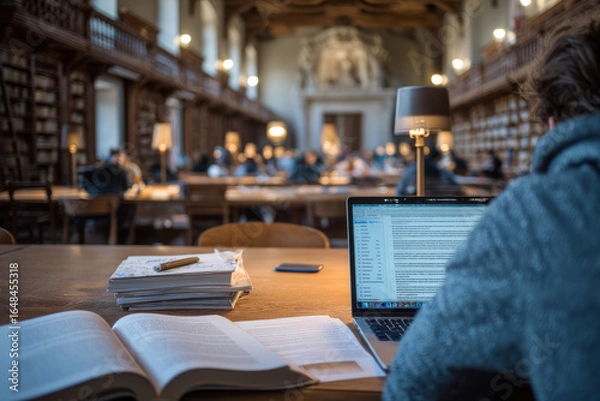 Fototapeta A university study room with open books and laptops A student uses AI to plan assignments and study sessions The mood feels balanced and steady