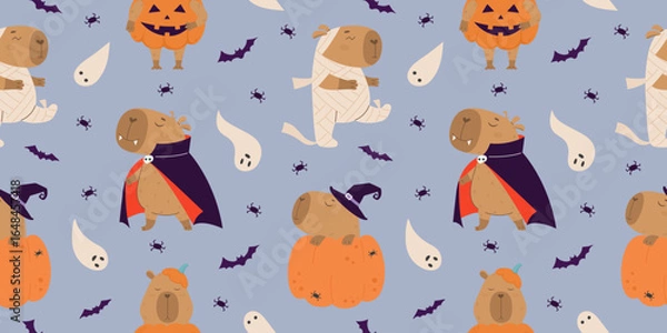 Fototapeta Pattern with funny capybaras in halloween costumes
