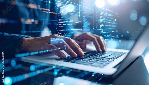 Fototapeta Coding on Laptop – Programmer Typing with Bokeh Background and Lines of Code on Screen