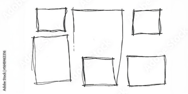 Obraz Whimsical, unevenly-drawn frames in various shapes and sizes, sketched in charcoal on white paper, border design, design element
