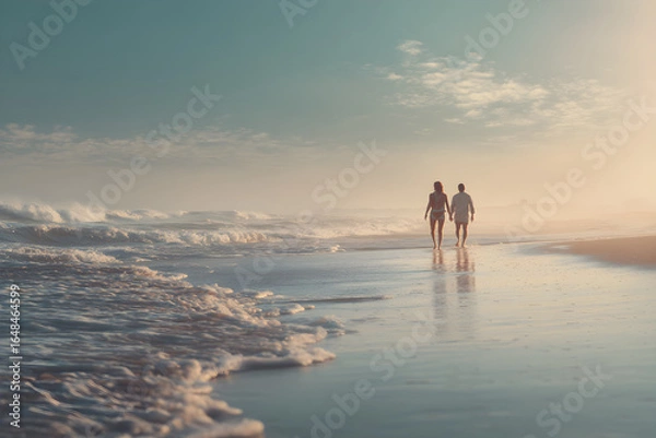 Fototapeta Romantic Stroll: A Couple Enjoys a Peaceful Walk Along the Serene Beach During a Beautiful Sunset, Embracing Love and Tranquility Amidst Nature's Coastal Beauty