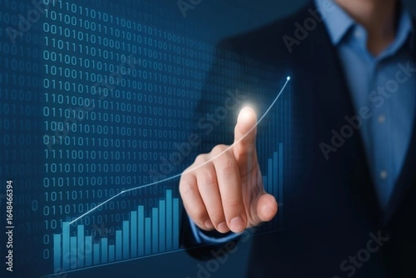 Fototapeta Businessman Interacting with Digital Data Visualization, Touching Graph and Binary Code in Modern Technology Environment