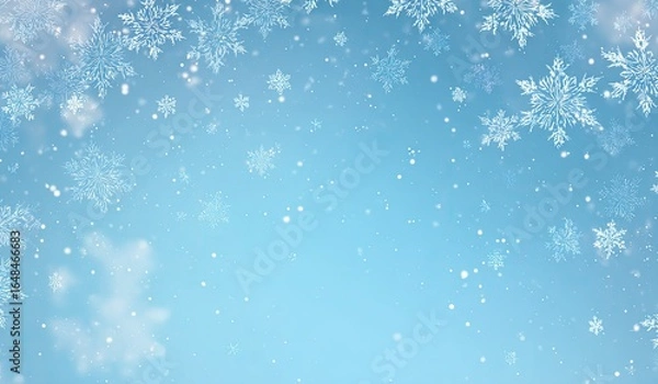 Fototapeta A light-blue backdrop with falling snowflakes.  Delicate, detailed snowflakes fill the upper part of the image, gradually fading into a soft, light-blue gradient. 