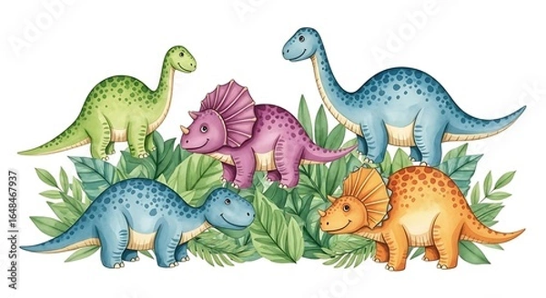 Fototapeta Delightful dinosaur gathering amidst lush foliage illustration for children's book