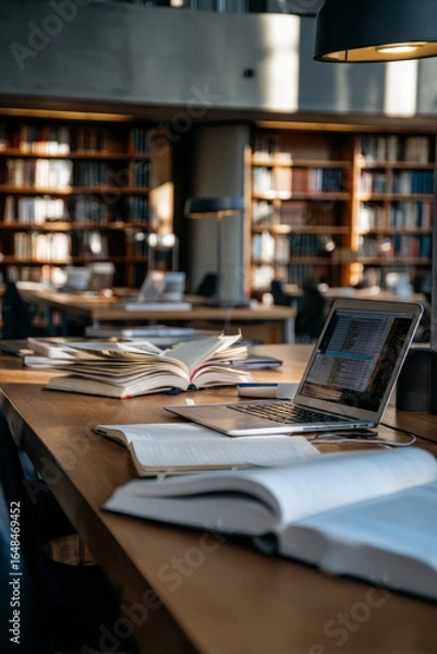 Fototapeta A university study room with open books and laptops A student uses AI to plan assignments and study sessions
