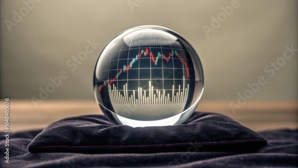Fototapeta stock market visual metaphor concept. A crystal ball displaying financial graph trends on a dark cushion.