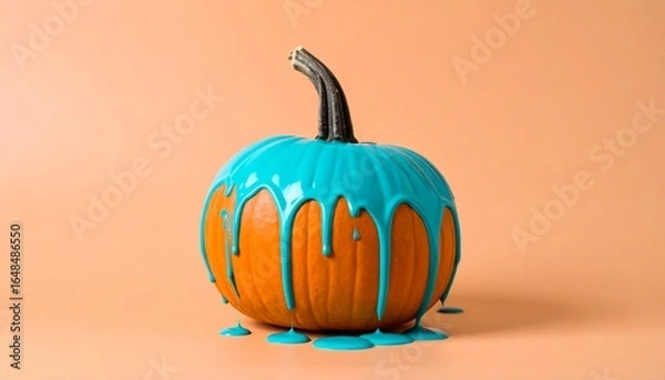 Obraz A vibrant pumpkin covered in bright blue paint, dripping onto a peach background, creating a playful and artistic autumn-themed visual.