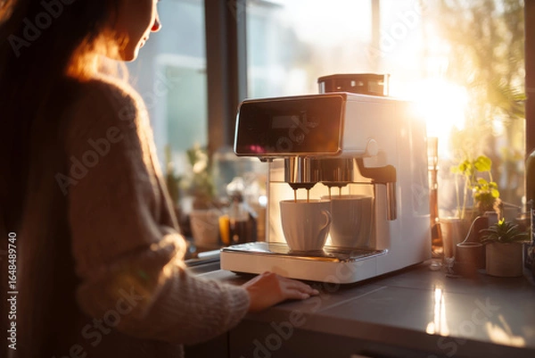 Fototapeta Morning in a bright kitchen with sunlight coming through the window A person uses a smart coffee machine that starts brewing automatically