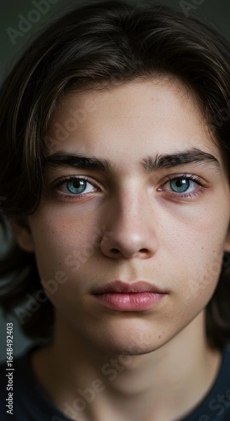 Fototapeta Portrait of a youth with captivating blue eyes against soft neutral backdrop
