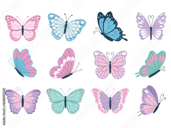Fototapeta A charming collection of stylized pastel butterflies with delicate wings and varying poses