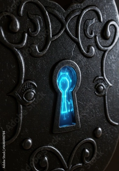 Fototapeta Mystical keyhole with glowing inner light amidst intricate metalwork patterns design