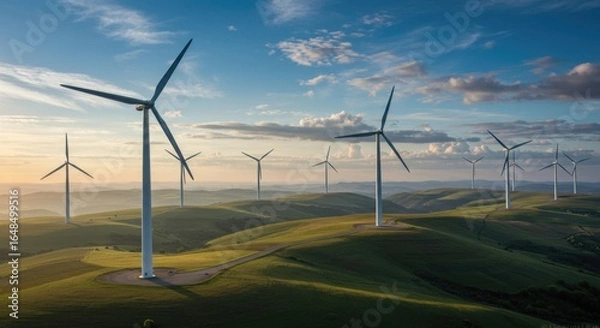 Fototapeta Scenic view of wind turbines on green hills under a blue sky creating clean energy