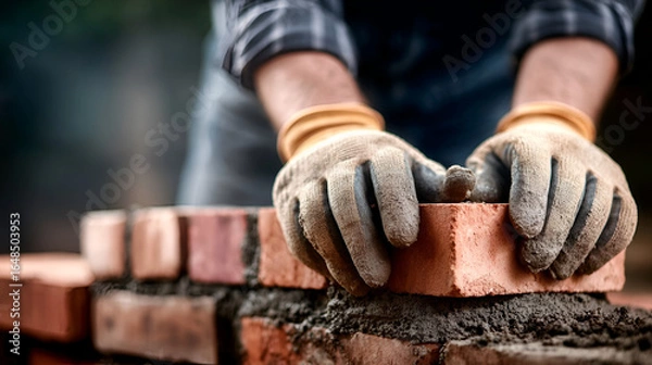 Fototapeta Close-up Professional Masonry Worker Building Brick Wall with Protective Gloves. Ai Generated Images