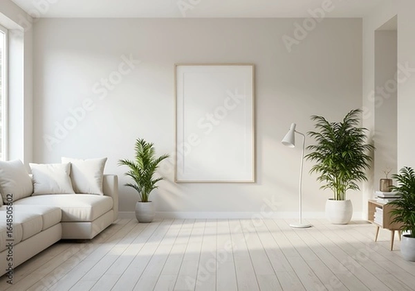 Fototapeta Bright and Minimalist Living Room Interior with White Couch and Plants for a Calming Atmosphere