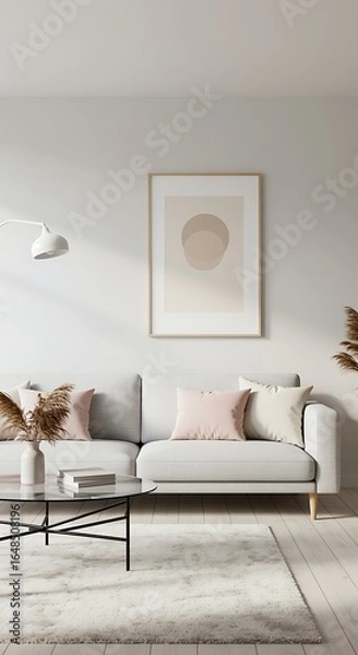 Fototapeta Elegant Minimalist Living Room Interior Design with Modern Artwork and Plush Textiles for Relaxation and Comfort in a Stylish Home