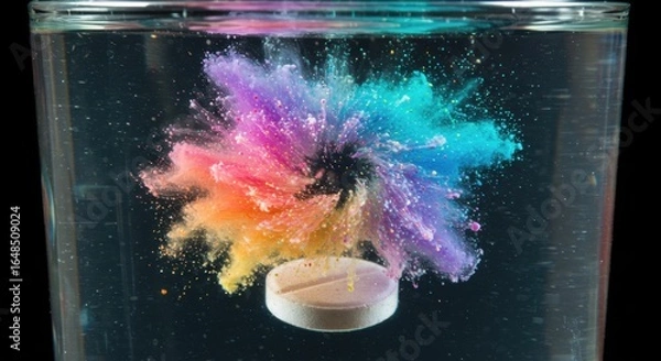 Fototapeta Effervescent medicine tablet dissolving and creating vibrant rainbow colored streaks in water