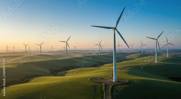 Fototapeta Wind turbines at dawn generate electricity on rolling green hills creating renewable energy