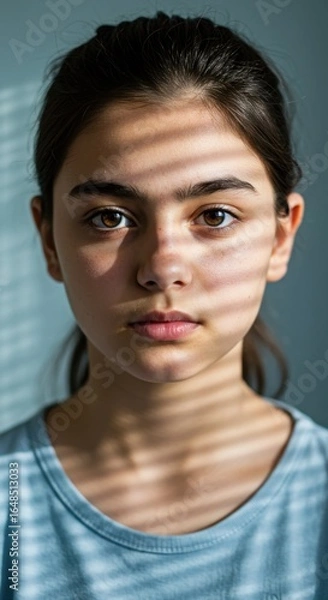 Fototapeta A young woman's serene face bathed in the striking light and shadow patterns