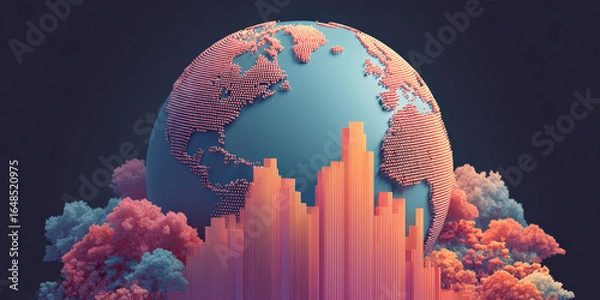 Fototapeta Digital illustration of globe with abstract bar graphs and colorful clouds symbolizes global economic trends and data analysis. vibrant colors and creative design evoke innovation and futuristic