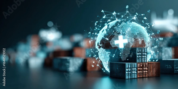 Fototapeta Digital globe with medical cross symbol is surrounded by shipping containers, symbolizing global supply chain disruption and healthcare innovation. scene is futuristic and interconnected