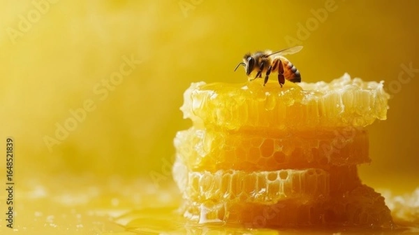 Fototapeta Honey Bee on Honeycomb with Golden Honey Dripping – Beekeeping, Pollination, and Nature Macro Photography